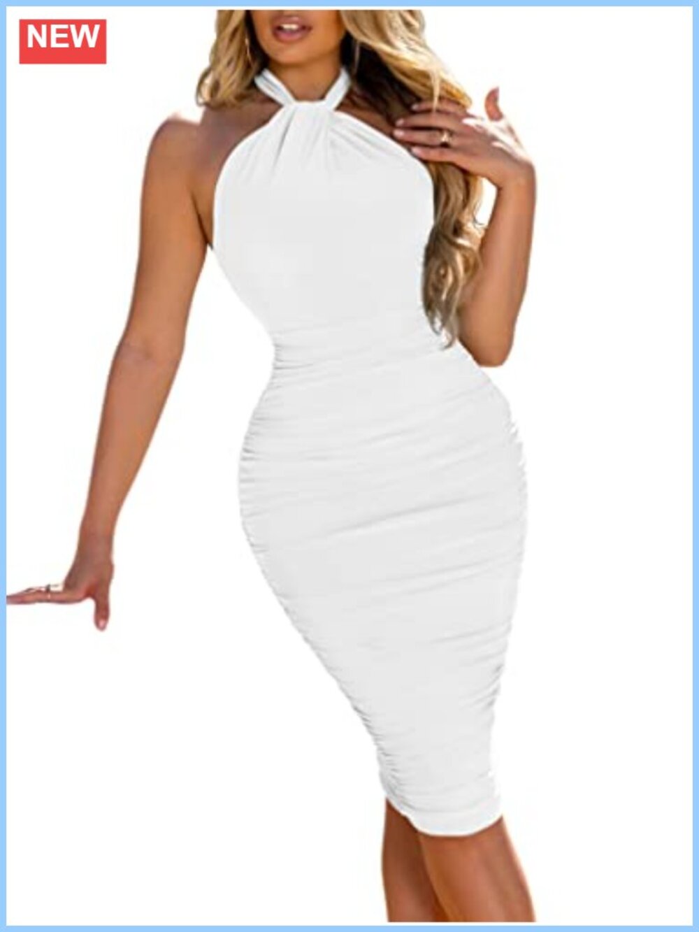 Sexy Backless Ruched Halter Neck Sleeveless Bodycon Midi Party Club Dress